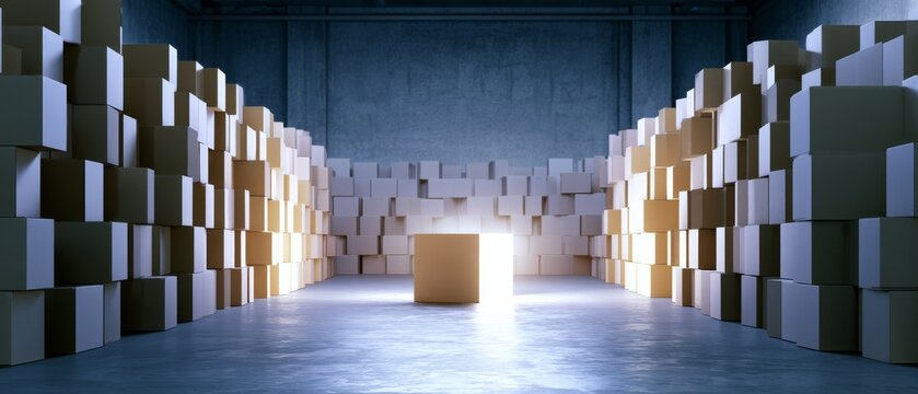 Warehouse filled with cardboard boxes in dim light during the evening hours