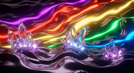 Obraz premium Rainbow Crystal Formations in Liquid Metallic Waves