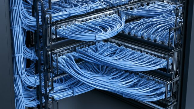 Rows of blue cables connect devices in a data center rack showing network setup and organization in a working environment