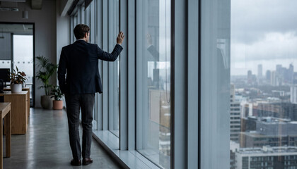 Fototapeta premium A man in a business suit stands by a large window in an office, gazing at the city skyline. The setting reflects a modern and professional work environment.