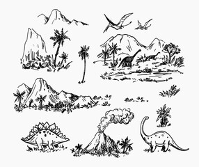 Set of dinosaur illustrations, prehistoric landscapes, vector sketches © aksol