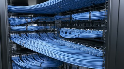 Fototapeta premium Network cables in a data center with organized racks showing connections and pathways in a modern facility
