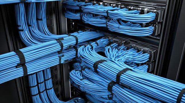 Network cables arranged neatly in a data center showing the organization of wiring in server management