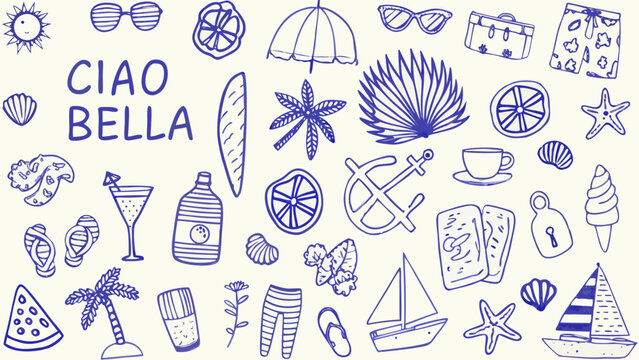 Collection of blue line art sketches depicting summer objects including citrus shells and nautical elements beach coconut concept