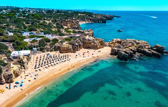 Aerial view of Praia do Castelo in Albufeira in the Faro District, Algarve, Portugal