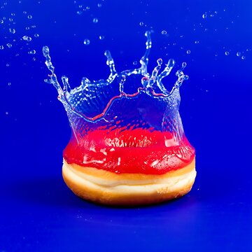 A delicious red glazed donut falling into water creating a vibrant blue splash effect
