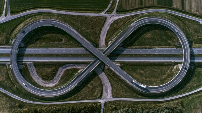 Highway interchange shaped like infinity symbol in rural area during daylight