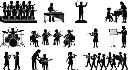 Set of black silhouette showing children in a school music playing instruments, singing in a choir, and performing in a band © FayazAhmed