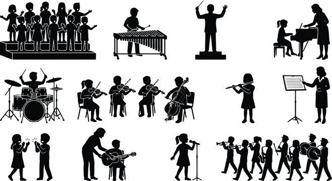 Set of black silhouette showing children in a school music playing instruments, singing in a choir, and performing in a band