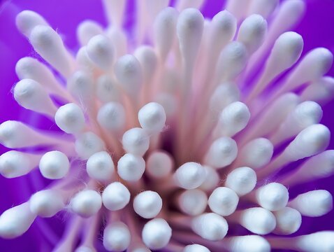 Macro close up of white cotton swabs arranged in a circle on a vibrant purple background