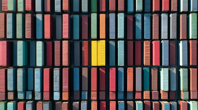 Colors of shipping containers arranged in a neat pattern at a logistics hub during a clear day