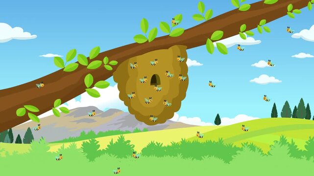 Animation of Beehive Hanging From Tree Branch with Bees Flying 
