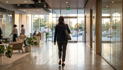 Fototapeta premium A woman walks through a modern office lobby filled with natural light. People are seen in the background, creating a sense of a busy workplace environment.