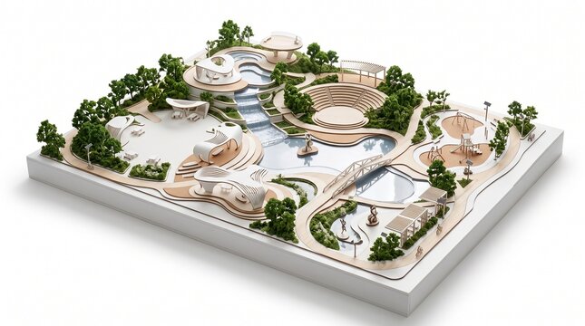 Architectural Scale Model of a Modern Organic Urban Park with Water Features and Green Spaces