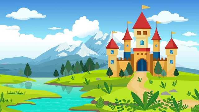 Animation of fairytale castle on green hills beside a river with snowy mountains and blue sky