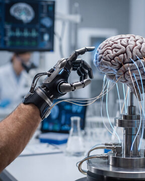 Human arm with bionic hand connected to a brain interface.