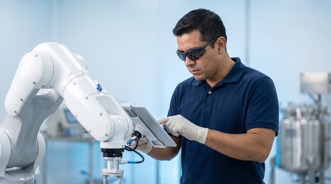 Industrial Automation Engineer Calibrating Robotic Arm Using Digital Tablet in Smart Factory