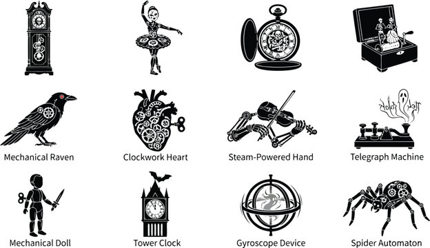 Steampunk and mechanical collection featuring clockwork hearts, automatons, ravens, and antique devices in black and white