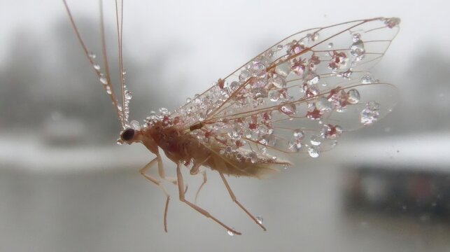 A delicate insect with translucent wings covered in sparkling dew drops, captured in exquisite macro detail