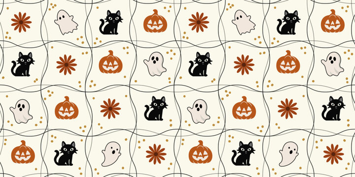 Halloween Seamless Pattern with Ghost Pumpkin Black Cat, Cute Spooky Floral Background