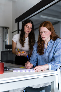 Two women planning tasks and taking notes in modern office