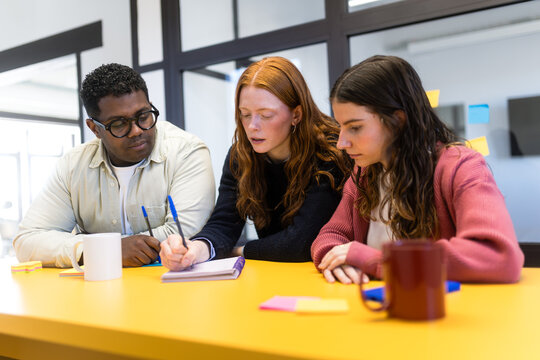 Diverse coworkers planning project notes in modern office