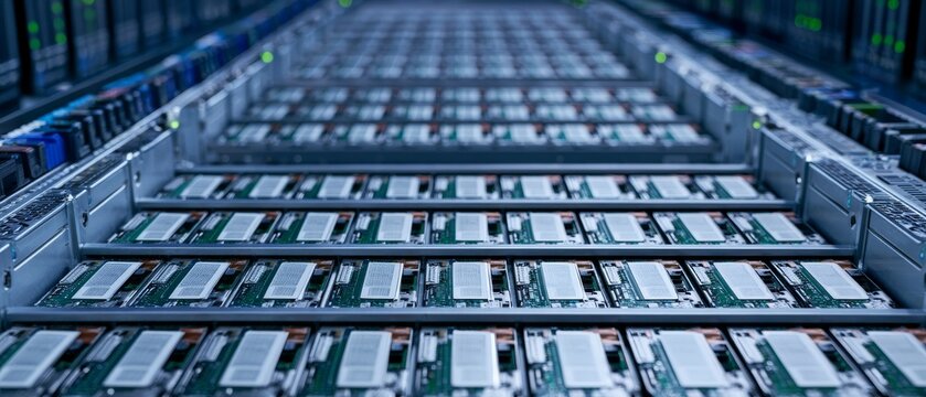Rows of computer circuit boards arranged in a data center at night showing high-tech storage and processing units