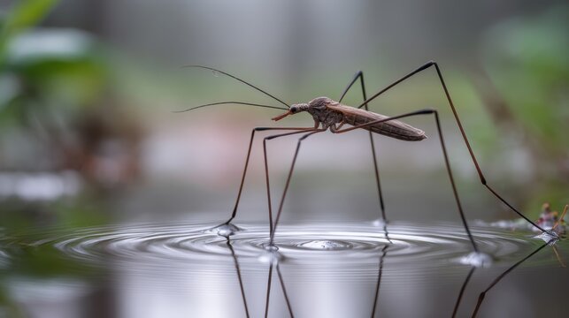 A tiny water strider gracefully walks on a rippling pond surface, showcasing its delicate balance and unique adaptation to aquatic environments.