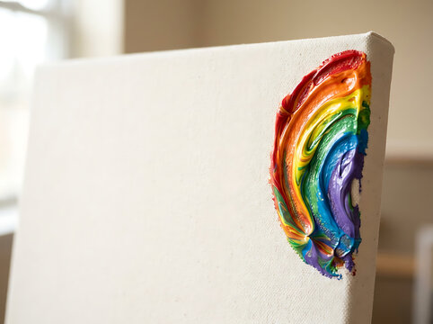 Thick rainbow oil paint stroke on a blank canvas art studio background concept for creative expression and diversity awareness