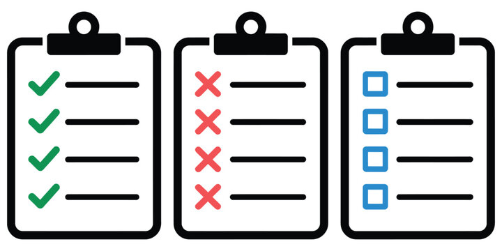 Clipboard icons featuring green check marks, red crosses, and blue checkboxes for completed, failed, and pending task management