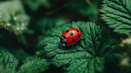 Fototapeta premium Bright Red Ladybug with Precise Black Spots Resting on a Vibrant Green Leaf in Nature's Embrace
