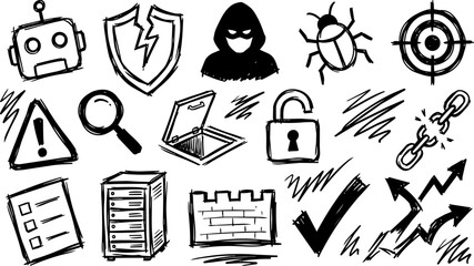 Cyber Security Hand Drawn Doodle Icon Set Including Hacker, Virus Bug, Broken Shield, Padlock, and Server Rack for Infographics and Digital Safety Concepts © LorisP