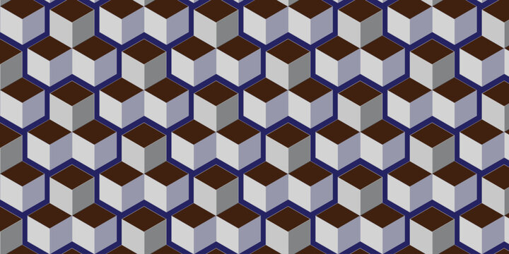 Geometric isometric cube pattern, seamless 3D block texture in brown and grey, abstract hexagonal grid background for architectural design
