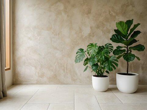 Minimalist interior with monstera and fiddle leaf fig plants against textured beige wall.