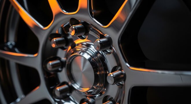 Close up of a shiny car wheel with orange reflections