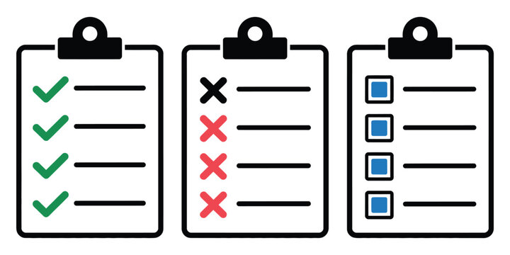 Clipboard icons featuring green check marks, red crosses, and blue checkboxes for completed, failed, and pending task management