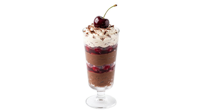 Black Forest parfait in tall glass, layered chocolate mousse with cherry compote and whipped cream, gourmet dessert isolated on white background