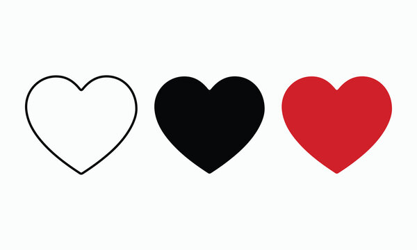 Heart shape icons in outline, black solid, and red solid versions, symbolizing love, romance, health, and passion, ideal for valentine's day, wedding, or medical designs.
