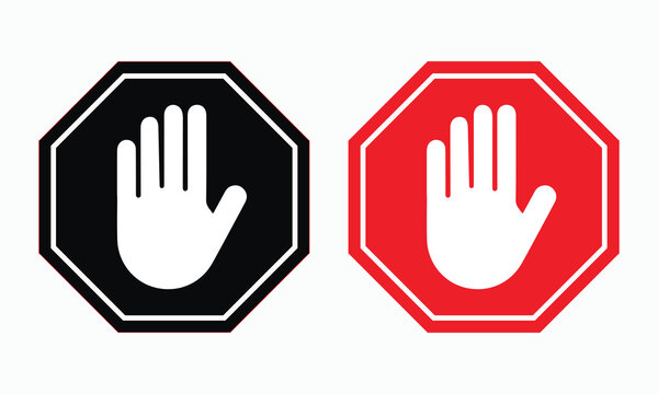 Stop sign with hand symbol icon, warning about danger, prohibition, and restriction, showing no entry, isolated on white background, black and red versions.
