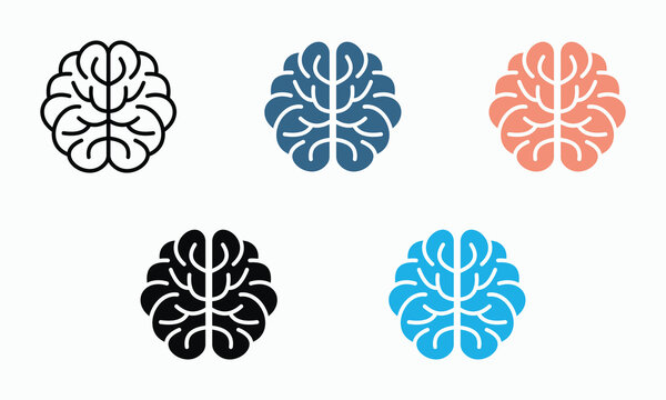 Outline brain icon set black blue coral and solid icons in black bright blue for concepts representing cognition health intelligence and medical research ideas.