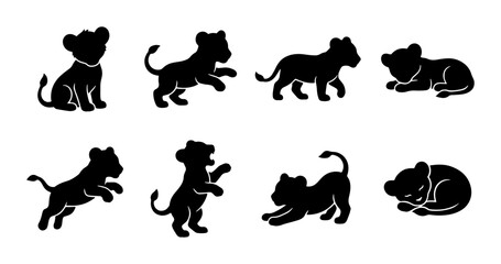 Cute Lion Cub Silhouettes, Set of 8 Vector Icons, Playful Animal Poses © Shakib