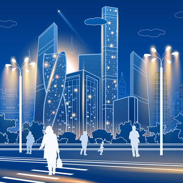 Modern business district with illuminated skyscrapers, pedestrians and contemporary urban architecture at night. Futuristic city skyline in outline vector style representing urban development and mode