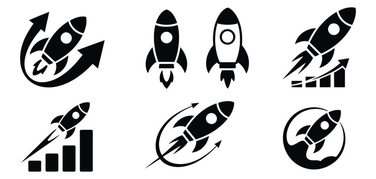 Rocket launch icon set, startup growth symbols, business acceleration concepts, rocket boost illustrations, clean editable vector EPS design