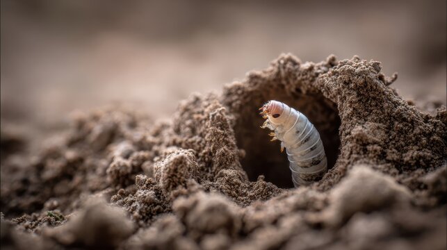 Close-up of a white cicada larva emerging from its sandy underground burrow, showcasing its developing form and life cycle.