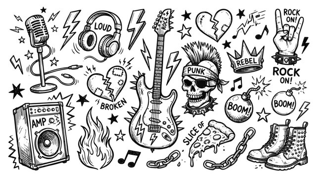 Rock and Roll Punk Music Icons Collection Hand Drawn Sketch Style transparent background