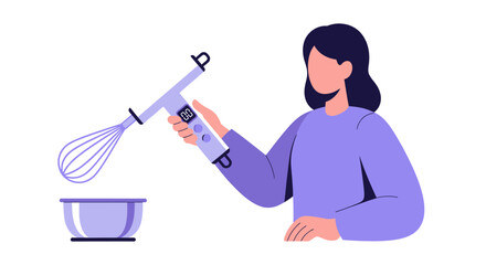 Fototapeta premium Woman Using Digital Electric Hand Mixer for Baking - Modern Flat Vector Illustration