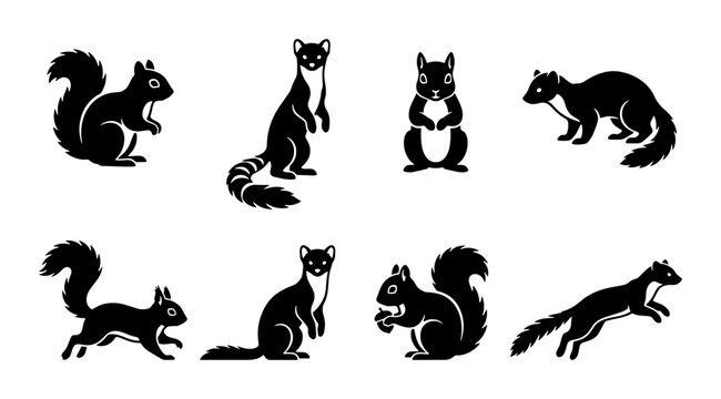 Black Silhouette Mammals: Squirrels and Weasels in Various Poses, Vector Icons Set