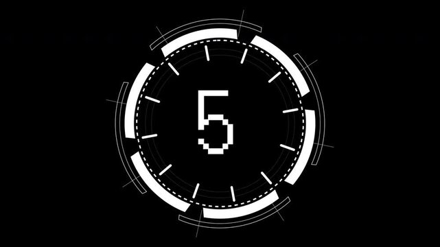 10 second countdown glitch digital clock display suitable for tech, countdown, timer graphics in circular hud design for websites, apps, presentations.
