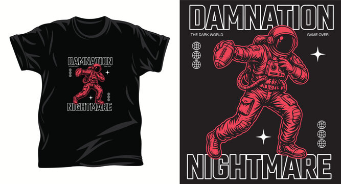 Damnation nightmare astronaut playing american football game over design.