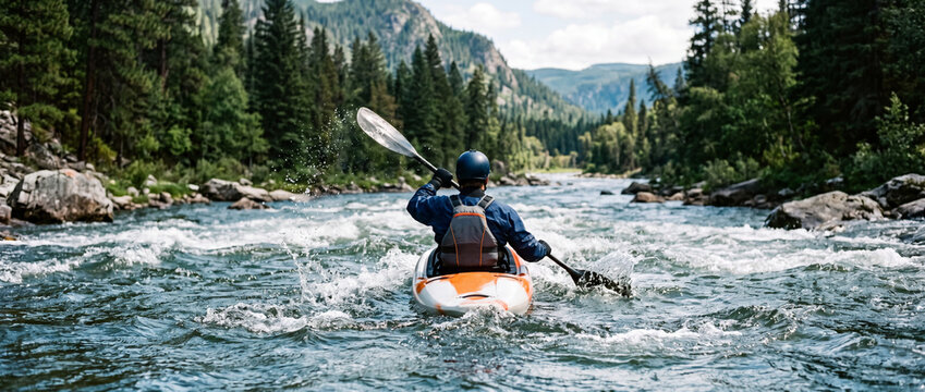 Kayaker paddling through whitewater rapids on a mountain river in a forested valley